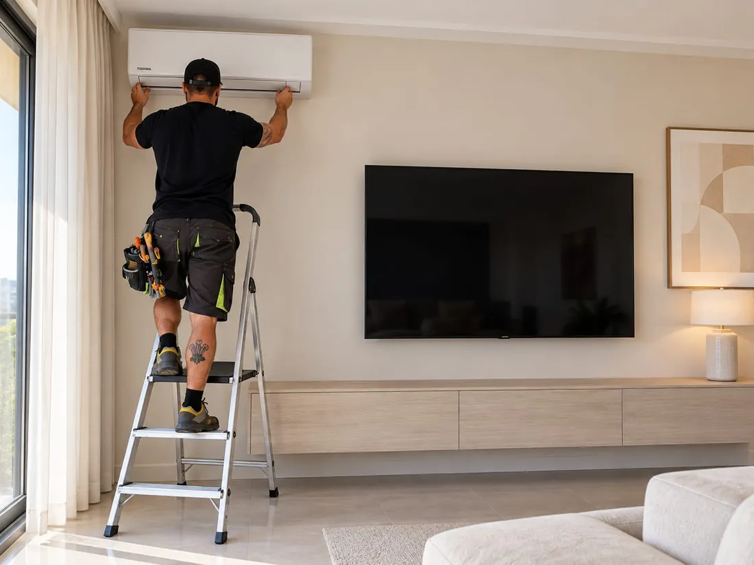 Richard, The Welsh AC Guy, installing a wall-mounted Toshiba split air conditioning unit in a modern living room on the Costa del Sol